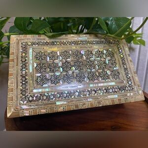 VTG Handmade Wood Jewelry Box Trinket Storage Mother of Pearl Inlay Geometric